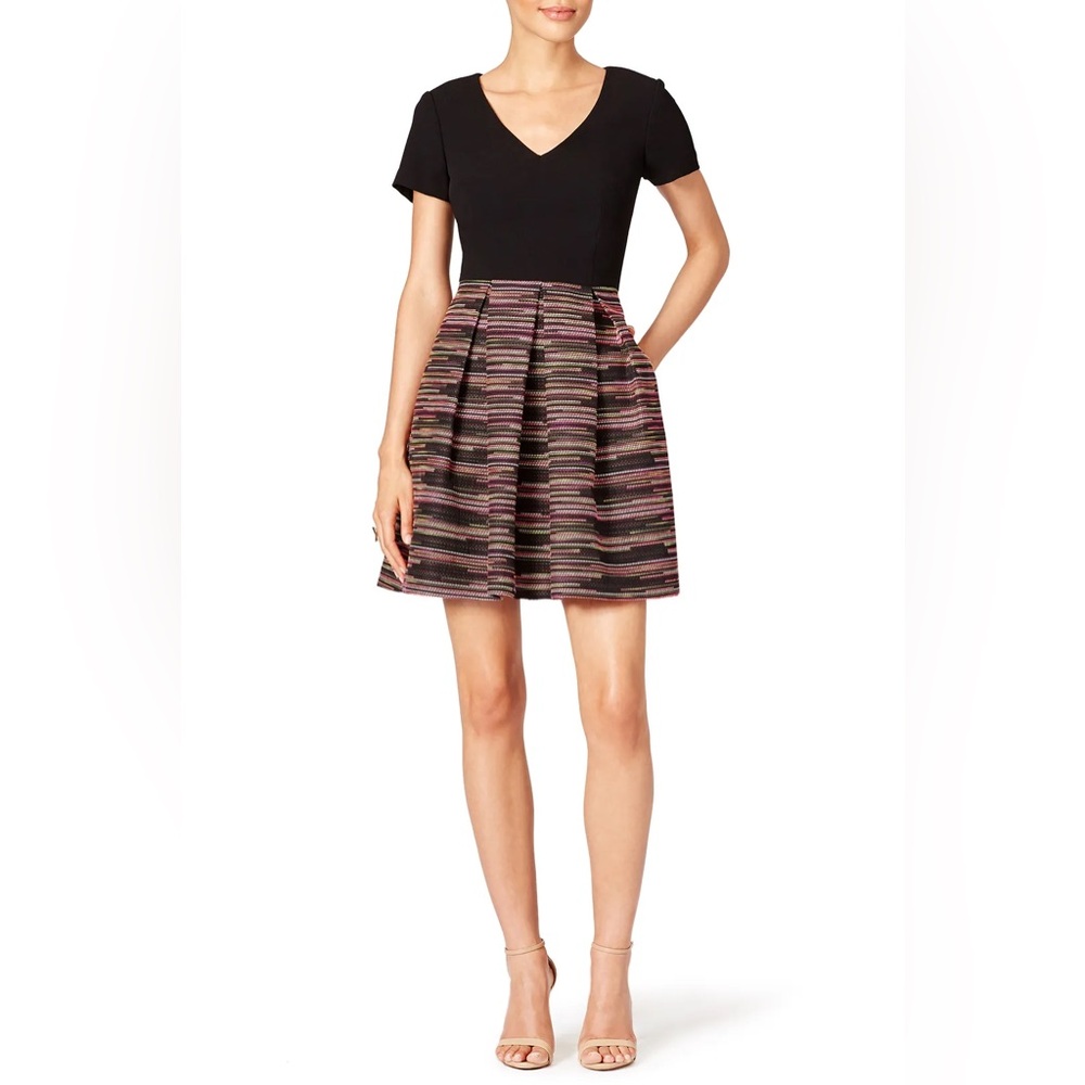 Trina Turk Black and Pink Pleated tweed Dress, size 6 pink purple green pockets
